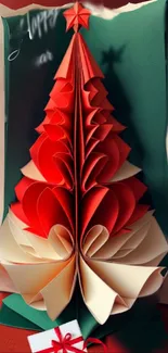 Origami Christmas tree with red and green colors on a festive card.