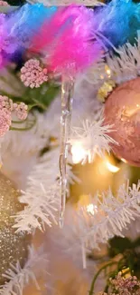 Colorful Christmas ornaments on white frosted tree.