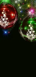 Festive mobile wallpaper with red and green ornaments and Christmas lights.