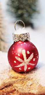 Red ornament on wood with snowy trees in the background.