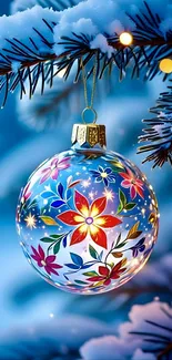 Colorful floral Christmas ornament on snowy branch.