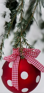 Red polka-dot ornament with gingham ribbon on snowy pine branch.