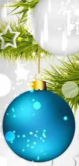 Festive mobile wallpaper with Christmas ornaments and vibrant blue background.