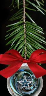 Festive ornament with red bow and pine branch on dark background.