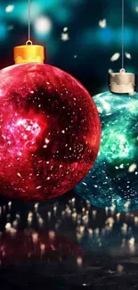 Colorful festive ornaments on Christmas tree wallpaper.