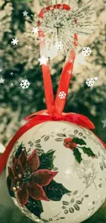 Festive Christmas ornament hanging on a tree branch with a red ribbon.