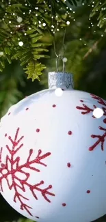 Festive ornament with red snowflakes on a green pine branch.