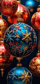 Colorful festive ornaments with red and blue decorations.