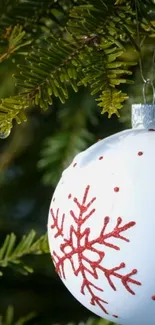 Christmas ornament with snowflake on a pine branch.