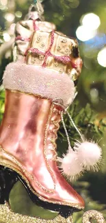 Pink stocking ornament on Christmas tree.