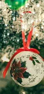 Festive ornament with red ribbon on Christmas tree