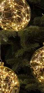 Glowing Christmas ornaments on pine branches, perfect for festive wallpaper.