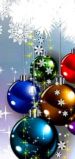 Colorful ornaments hanging with snowflakes on a festive phone wallpaper.