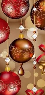 Festive wallpaper with red and brown ornaments, sparkling with decorative elegance.