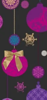 Colorful Christmas ornaments on a dark background wallpaper.