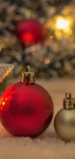 Festive scene with ornaments and lantern glowing on snow.