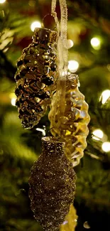 Elegant holiday tree ornaments with shimmering lights.