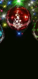 Colorful Christmas ornaments and lights on a dark background.