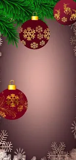 Festive mobile wallpaper with red ornaments and gold snowflakes.