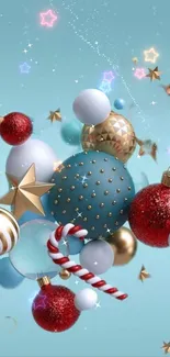 Festive wallpaper with ornaments and stars on a sky blue background.