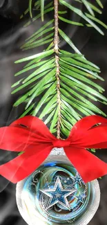 Festive ornament hanging from a green branch with a red ribbon.