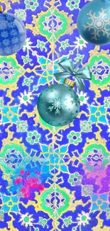 Festive phone wallpaper with blue ornaments and vibrant patterns.