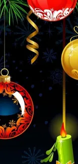 Colorful ornaments and candle on festive background.