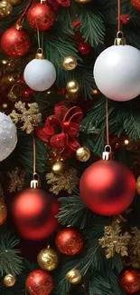 Colorful Christmas ornaments on a festive holiday background.