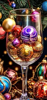 Festive ornaments in a glass with holiday decorations.