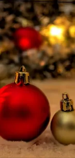 Festive Christmas ornaments with red and gold baubles.