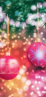 Mobile wallpaper with festive ornaments and colorful bokeh lights.