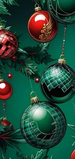 Holiday wallpaper with red and green Christmas ornaments.