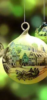 Festive glass ornaments with village scene.