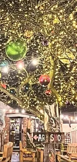 Festive tree with glowing lights and colorful ornaments outdoors at night.