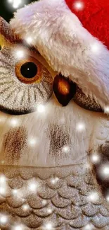 Festive owl wearing a Santa hat amidst snowflakes.