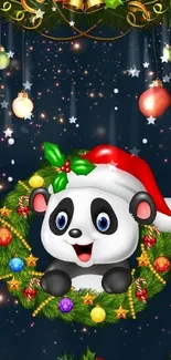 Festive panda in Christmas wreath with ornaments on dark blue background.