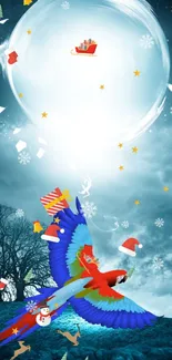 Festive parrot flying in a magical, snowy winter sky.