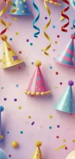 Colorful party hats and confetti on a pastel background.