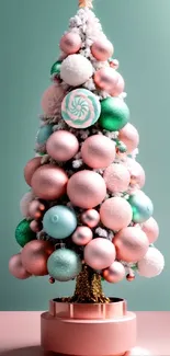 Whimsical pastel Christmas tree with ornaments in pink and green on turquoise backdrop.