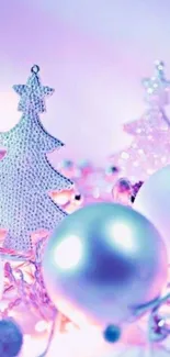 A serene pastel holiday wallpaper with Christmas trees and ornaments.