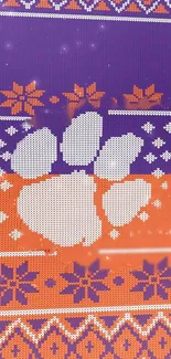 Festive wallpaper with a white paw print and colorful patterns.