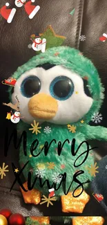 Cute penguin in Christmas attire on a festive background.