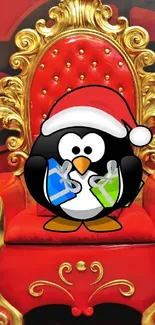 Festive penguin with gifts on a red and gold throne, wearing a Santa hat.