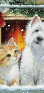 Cute cat and dog by a festive fireplace in snowfall.