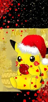 Pikachu with Santa hat and hearts, festive design.