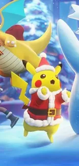 Pikachu in a Santa outfit with holiday decorations.