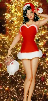 Vintage pin-up girl in red Santa outfit with Christmas tree background.