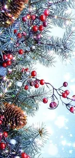 Festive pine branches with red berries and lights.