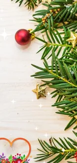 Festive mobile wallpaper with pine branches, ornaments, and golden stars.