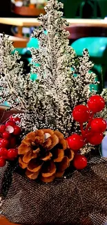 Festive arrangement with pine cone, red berries, and wintry flora on a table.